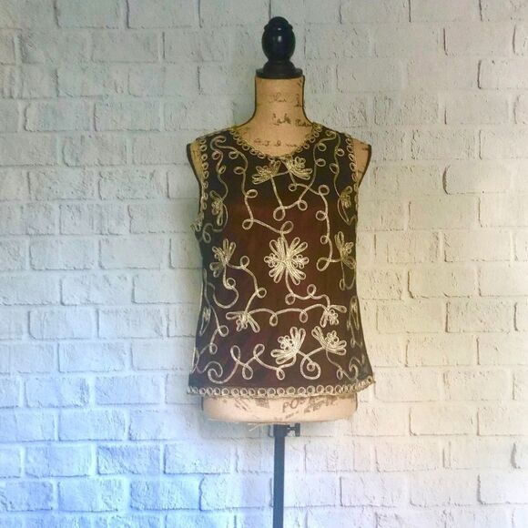 Sophie Chang Brown and Gold embroidered tank - Picture 1 of 5